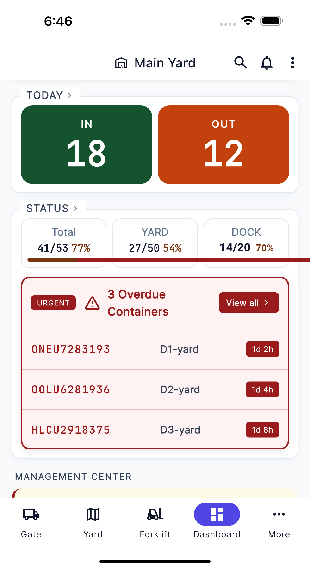 Vantage app dashboard — Main Yard live view with 18 IN, 12 OUT, and 3 overdue containers
