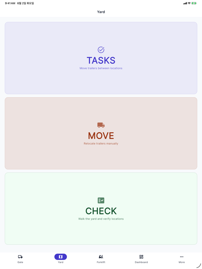 Yard screen with Tasks, Move, and Check actions for managing trailers across the yard